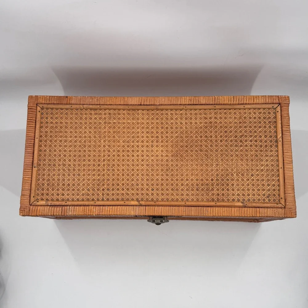 Vintage Chinese Cane & Rattan Storage Trunk Brass Hardware 27
